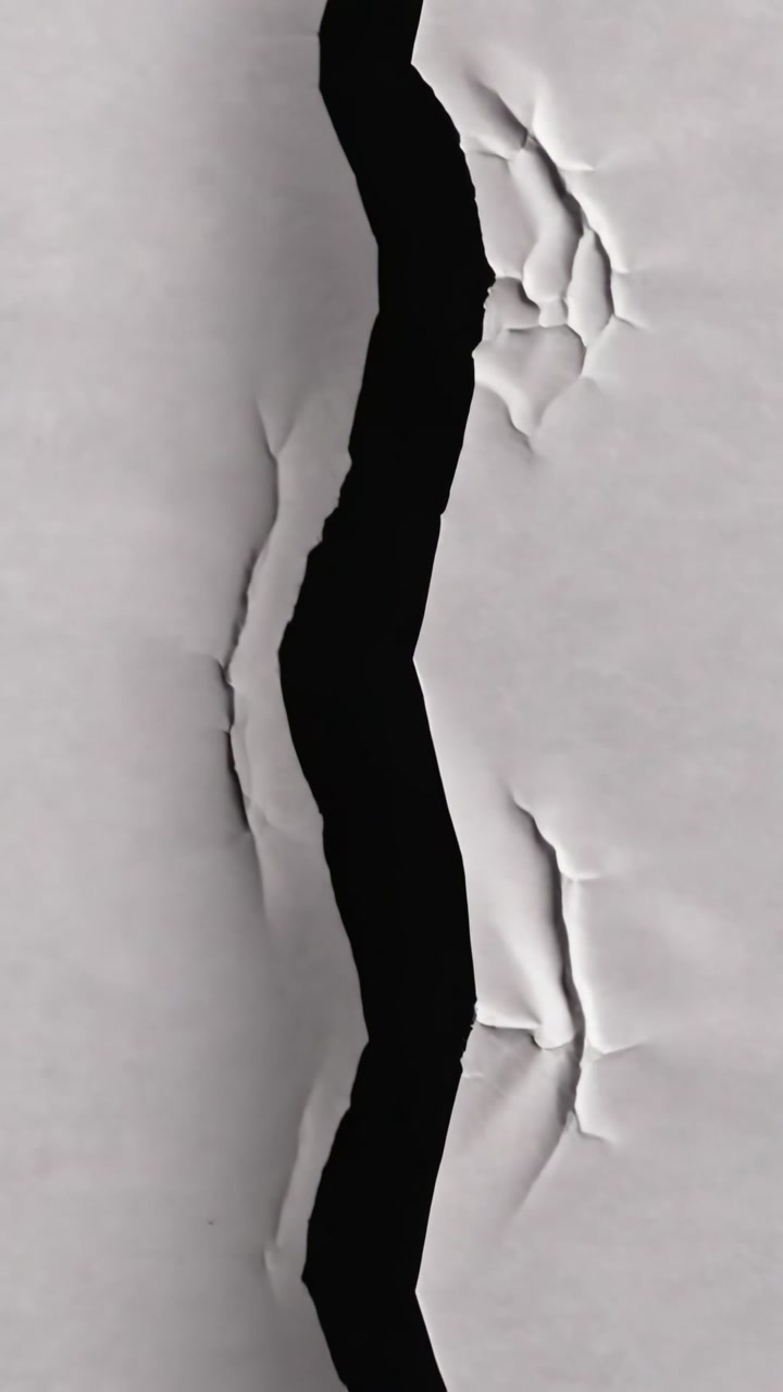 Vertical video: Tearing pale paper starting with crack, jagged tear widening revealing black void
