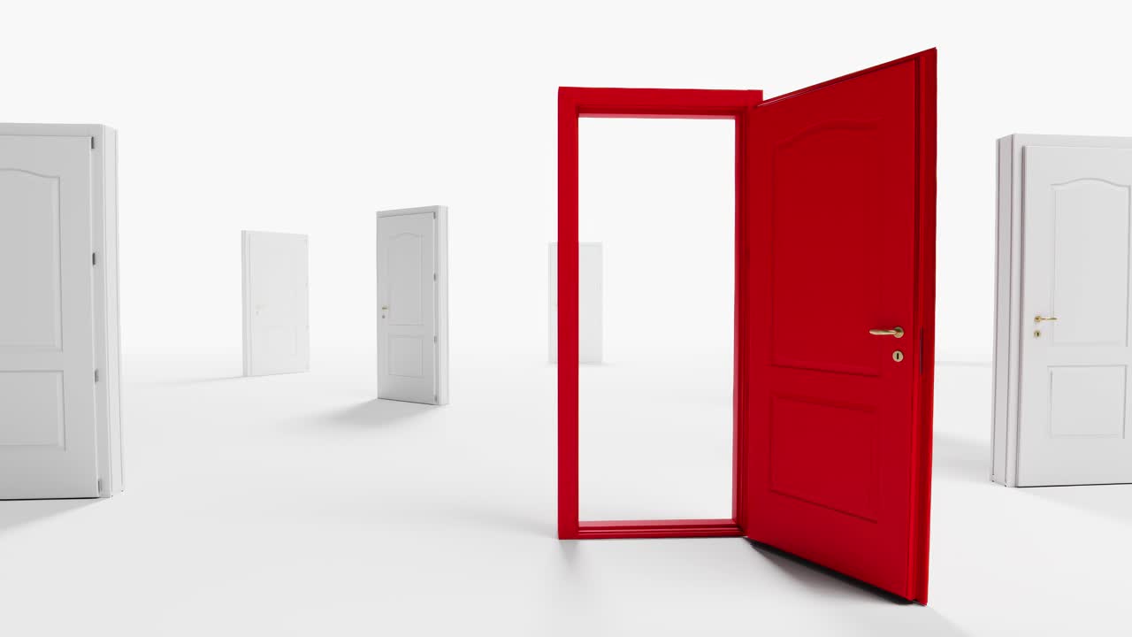 Red Door Opening in a White Room, Symbolizing Choice