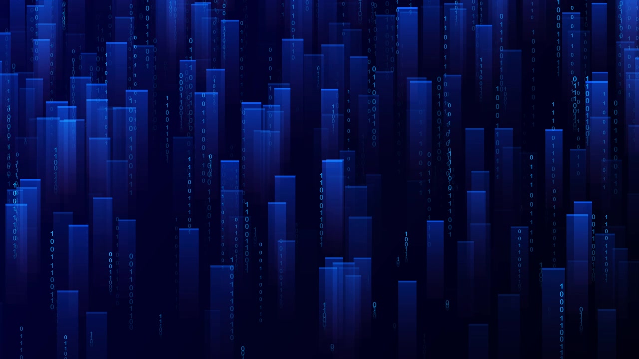Abstract Digital Background with Falling Binary Code and Glowing Blue Bars
