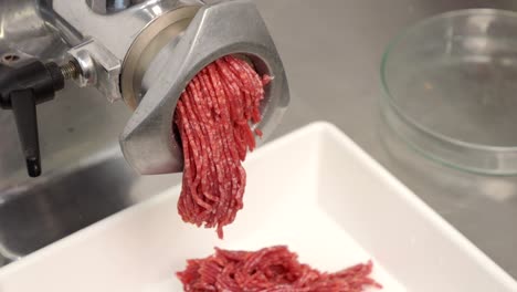 grinding fresh beef in a fine-grind machine