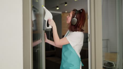 A-brunette-girl-in-black-wireless-headphones-and-a-white-T-shirt-in-a-blue-apron-as-a-cleaning-lady-washes-glass-doors-using-a-special-device-in-a-modern-apartment