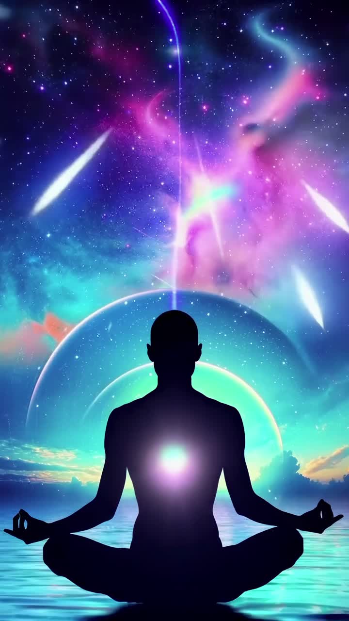 Silhouette che medita sotto un cielo cosmico, inquadratura dal basso. Perfetto per un video sereno. Per dispositivi mobili dal vivo.