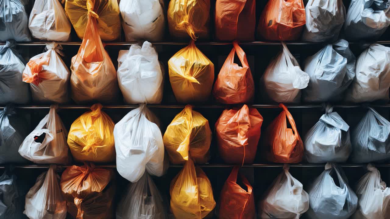 A Colorful Display of Waste: An Array of Color-Coded Garbage Bags Organized on Racks, Highlighting Recycling Efforts and Urban Waste Management Practices in a Modern Environment