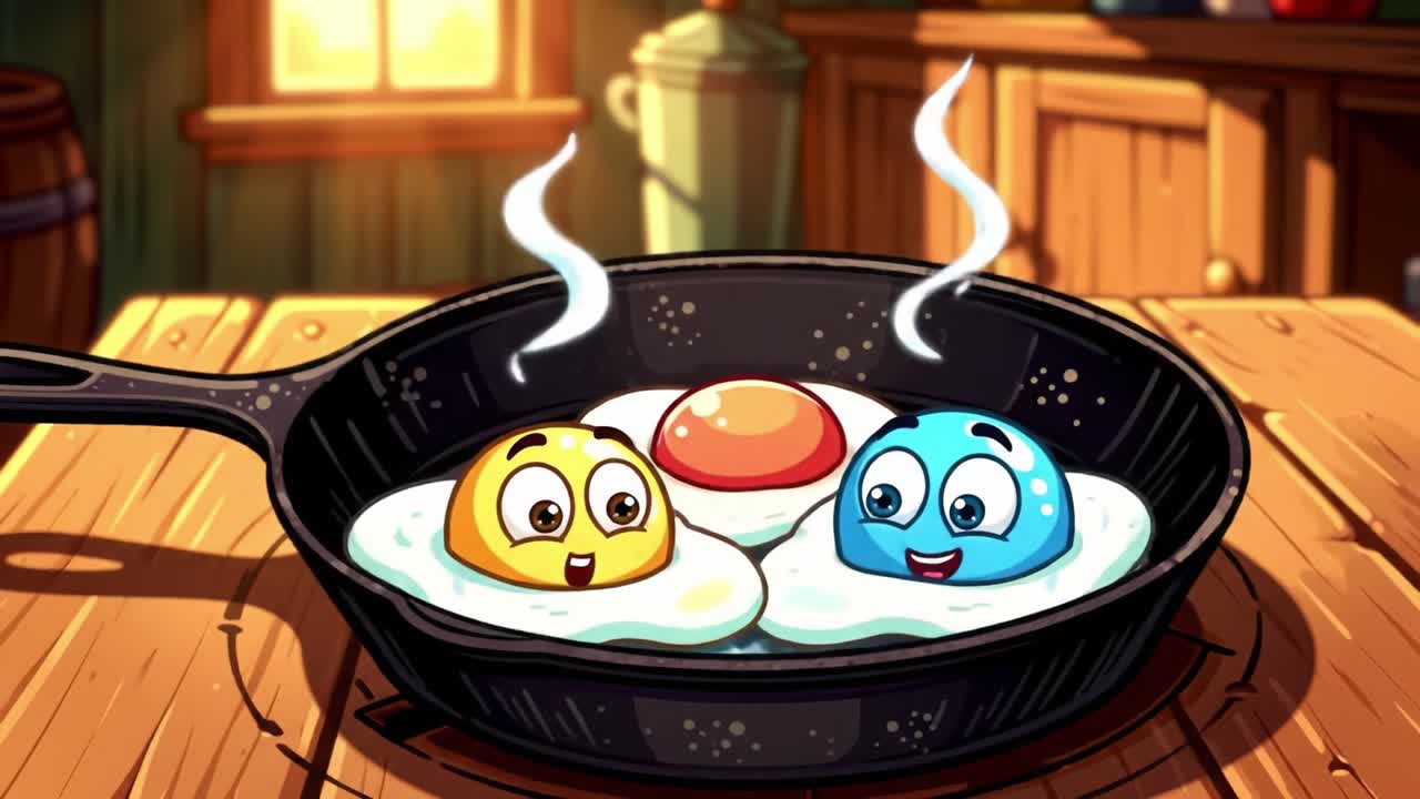 A Whimsical Morning with Happy Sunny-Side Up Eggs in a Pan, Bringing Joy and Color to the Kitchen on a Beautiful Day