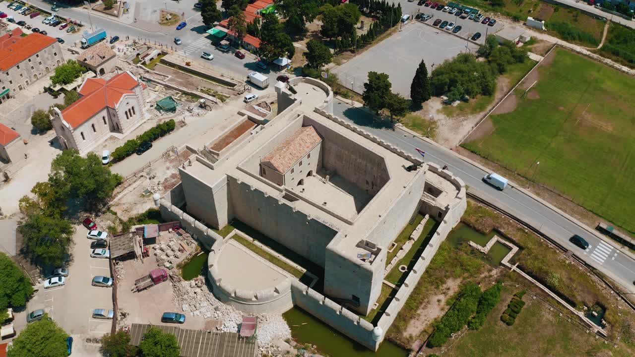Aerial view of Ston, known for saltworks and Great Wall, located on Pljesac peninsula in Croatia.
