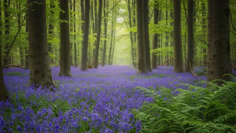 a tranquil glimpse into a lush forest filled with vibrant bluebells, surrounded by towering trees and gentle green foliage, capturing nature's serene beauty