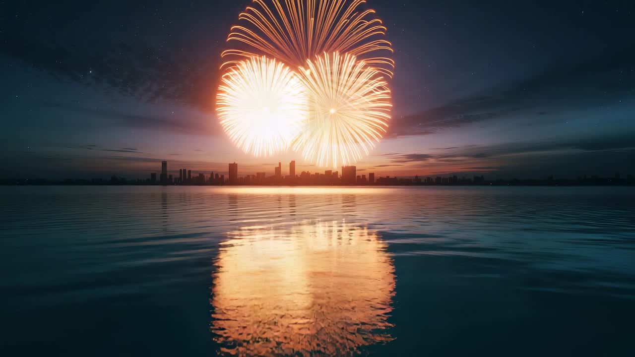 Igniting orange firework cluster expanding over shore at dusk, with skyline water reflection