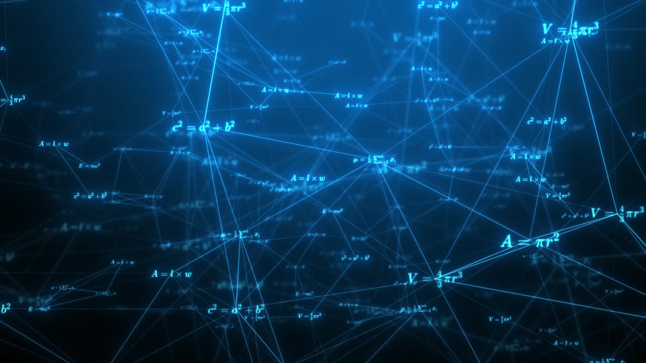Glødende matematik-plexus: Animerede blå formler og ligninger i bevægelse