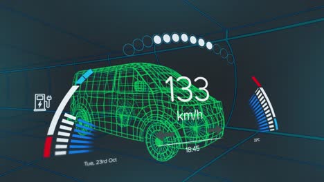 Animation-of-speedometer-over-electric-van-project-on-navy-background