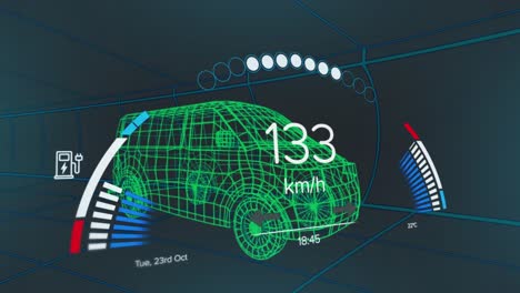 Animation of speedometer over electric van project on navy background