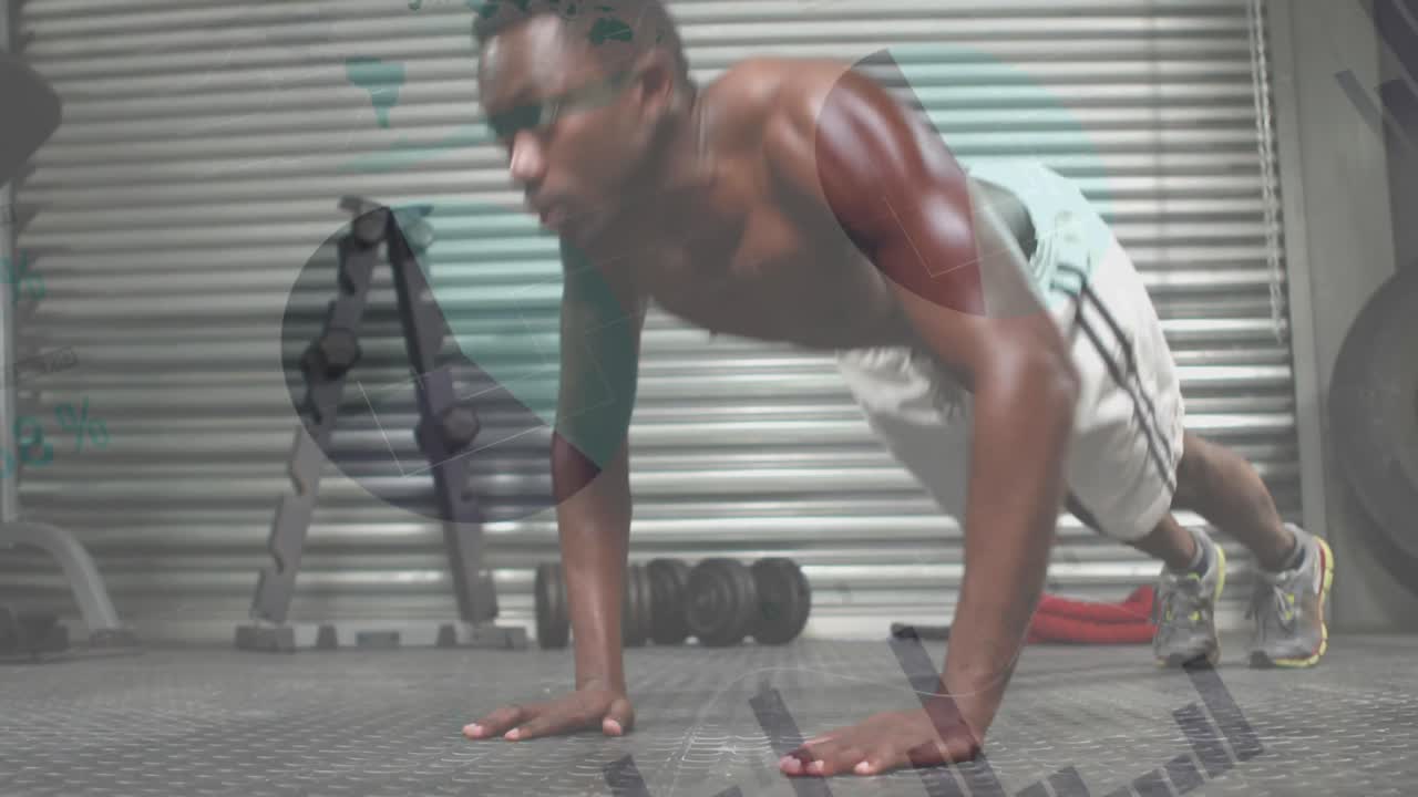 animación de gráficos sobre un hombre afroamericano haciendo ejercicio en el gimnasio, haciendo flexiones