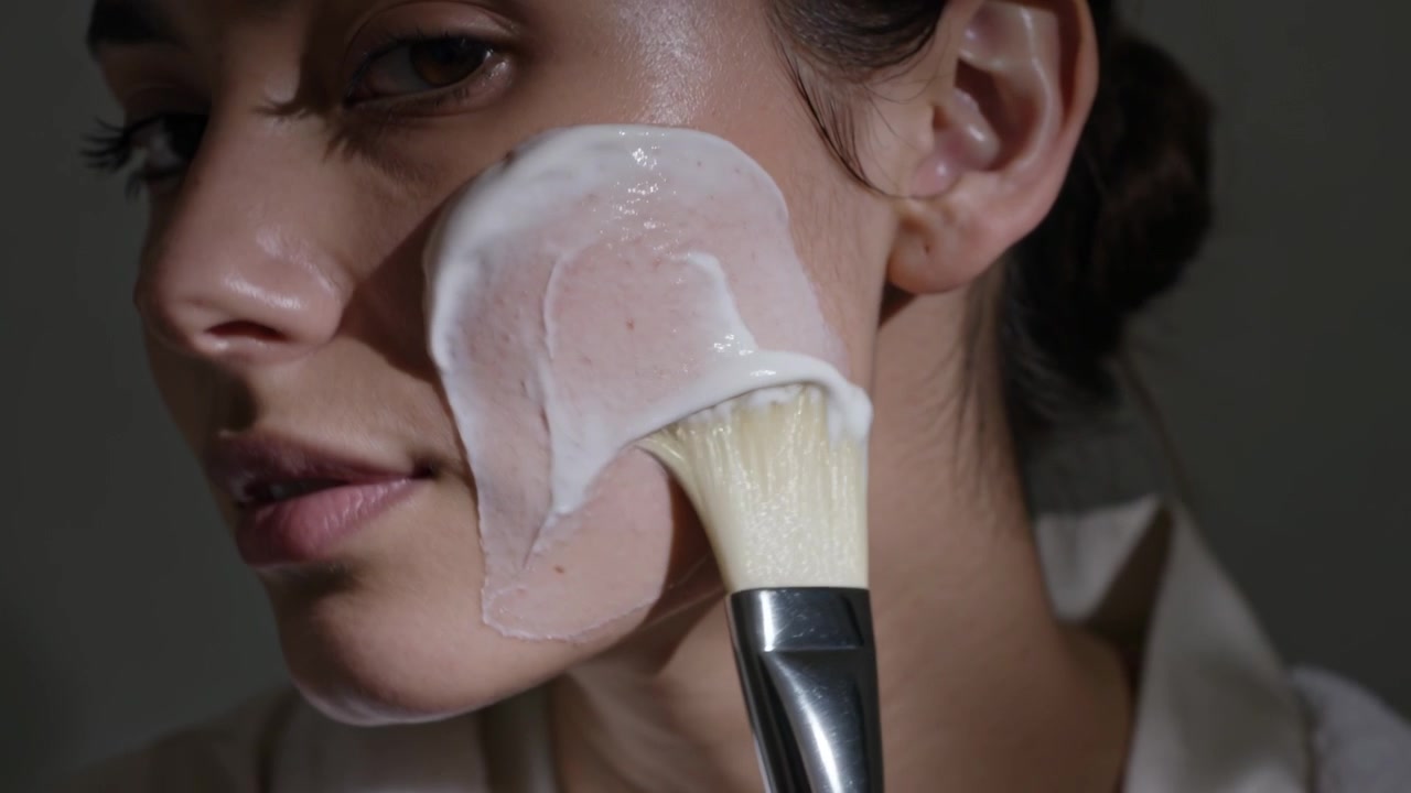 Bringing brush from below, woman applying cream mask to right cheek for skincare at spa, robe