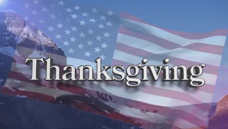 Animation-of-thanksgiving-text-over-american-flag-and-mountains