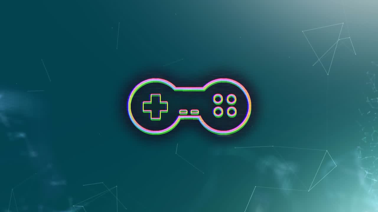 Animazione dell'icona di un controller di gioco, punti di connessione, modello astratto su interfaccia digitale