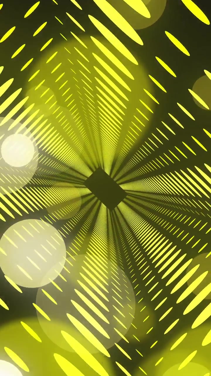 Animation of yellow neon spots and digital tunnel on black background