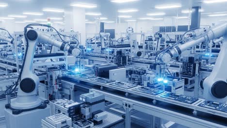 advanced robotic automation in high-tech manufacturing facility streamlining production processes with precision-engineered assembly lines