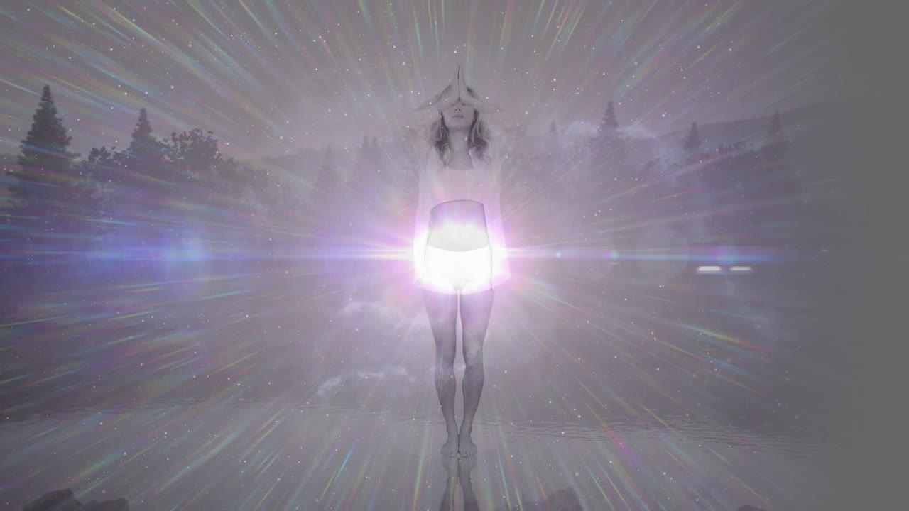 animación de una mujer practicando yoga con una luz blanca brillante moviéndose en primer plano