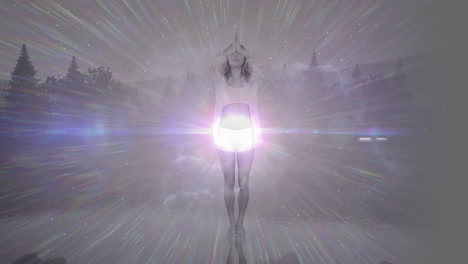 animation of woman practicing yoga with glowing white light moving in the foreground