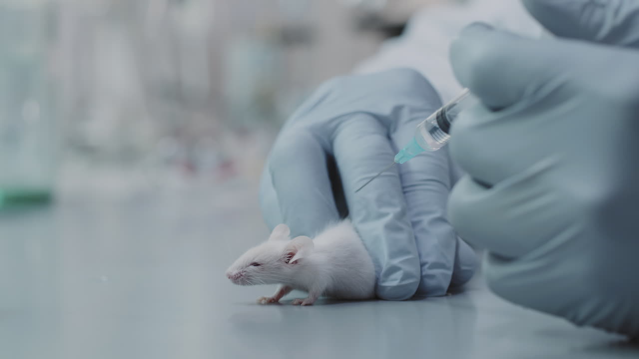 Unrecognizable Scientist Experimenting on Lab Rat