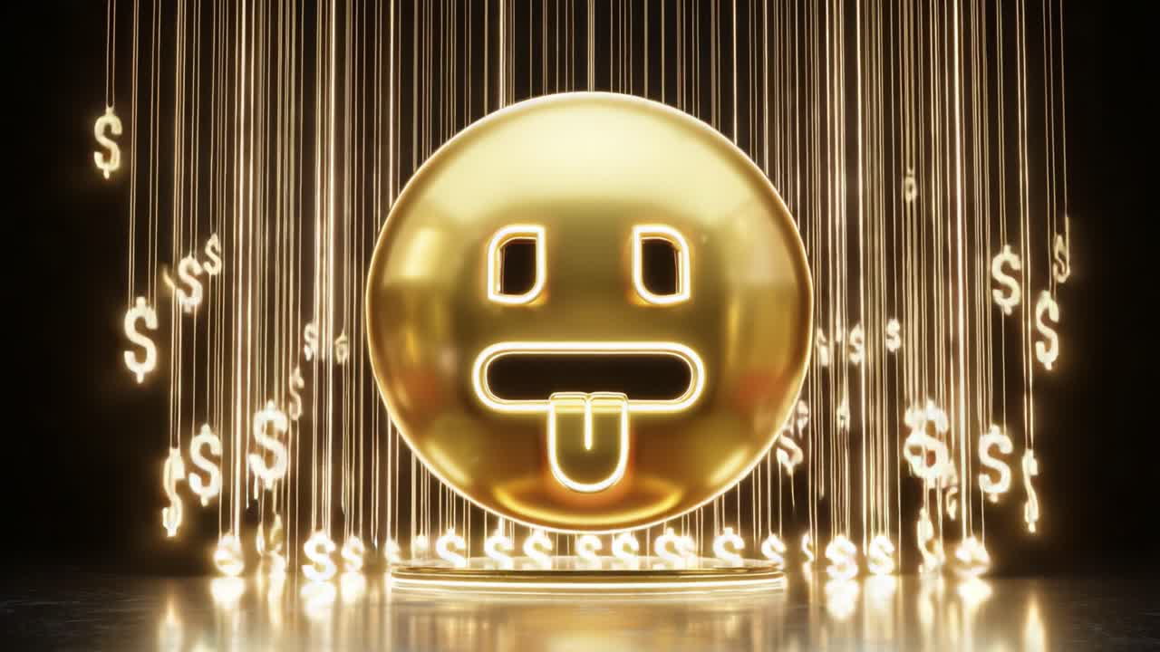 A Gleaming Golden Emoji with a Sticking Out Tongue Surrounded by Cascading Dollar Symbols, Representing Wealth and Playfulness in a Vivid Digital Art Composition