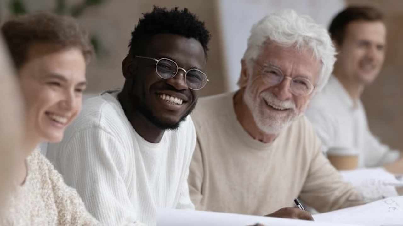 Uma Reunião Alegre de Indivíduos Diversos Engajados em Aprendizagem Colaborativa e Expressão Criativa em um Espaço Luminoso e Acolhedor