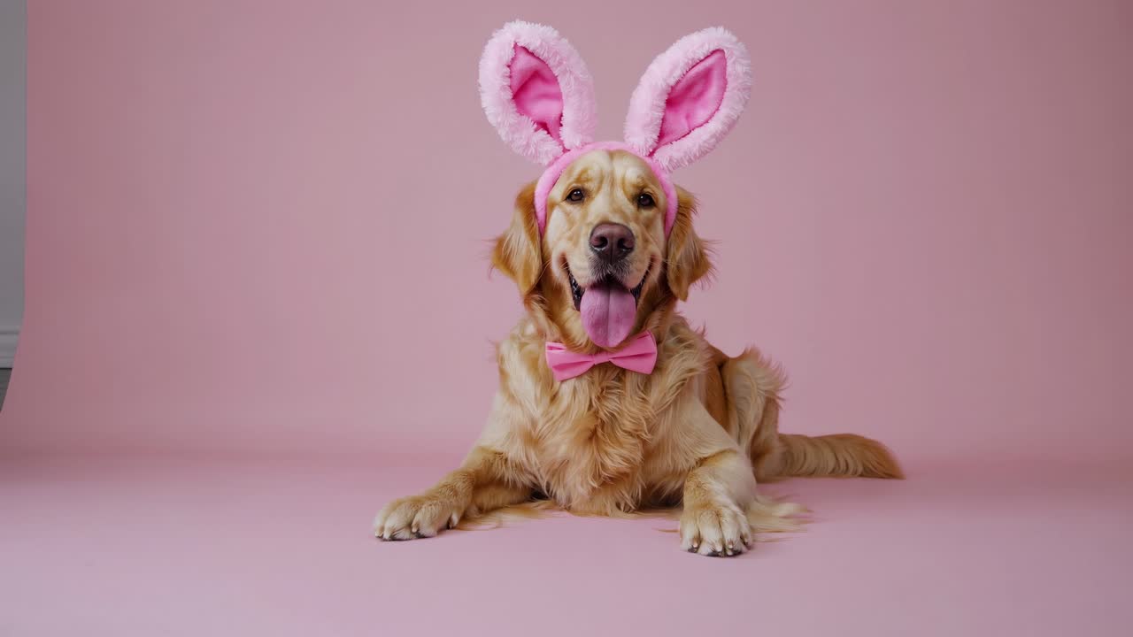 A playful video concept featuring a golden retriever in bunny ears and bow tie
