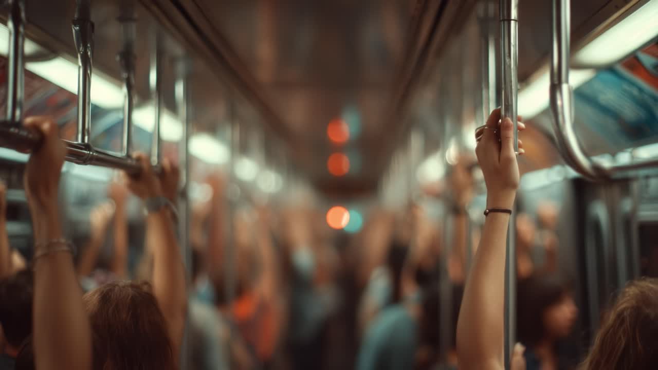 A Busy Underground Journey: Passengers Gripping Handles in a Crowded Subway Train, Capturing the Essence of Urban Life and Daily Commutes in Motion