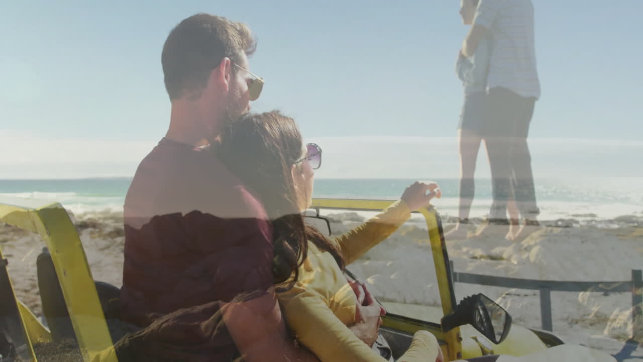 In car, couple viewing beach with animation of romantic couple overlay
