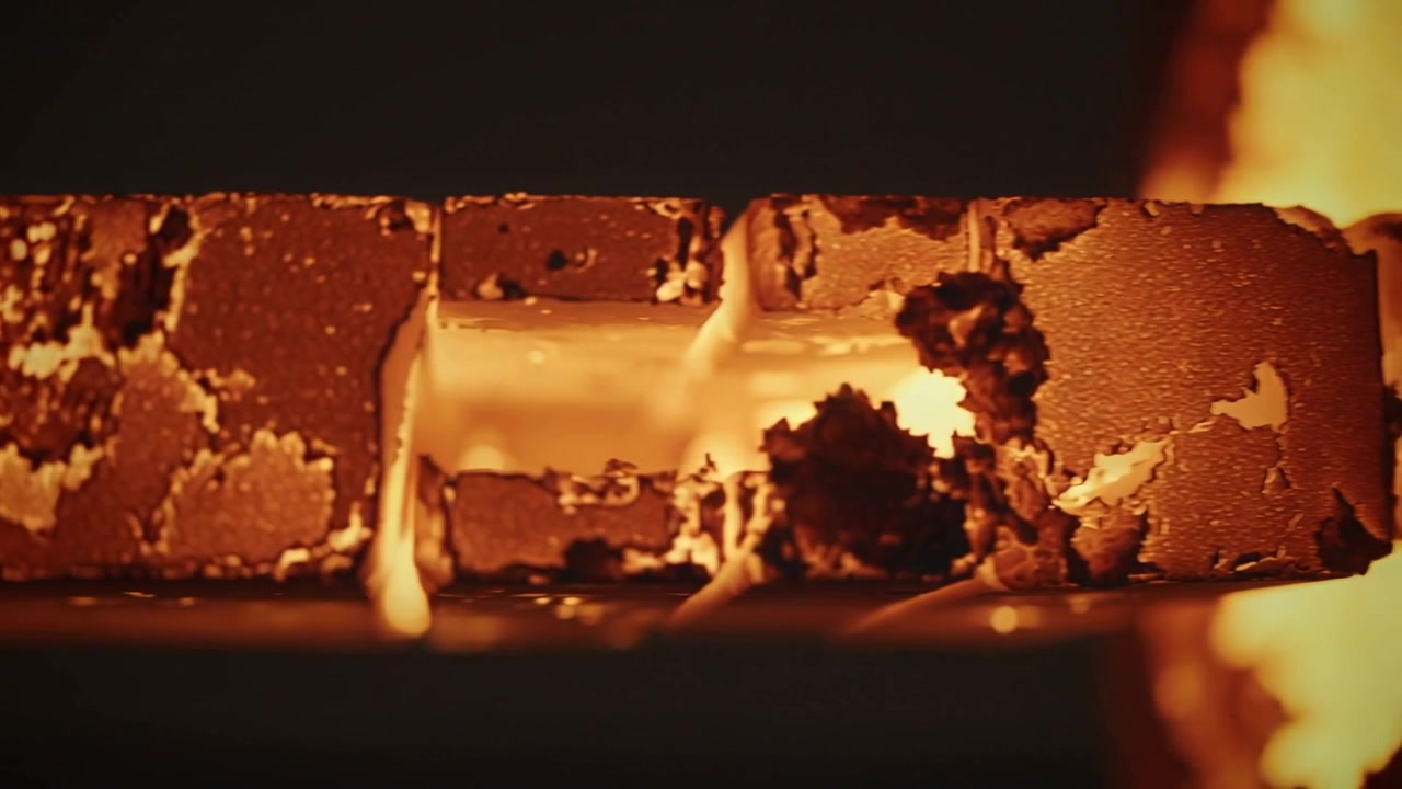 Vlam van verwarmingsoven initieert smelten op korstige metalen plaat in de oven, vormt gesmolten druppels.