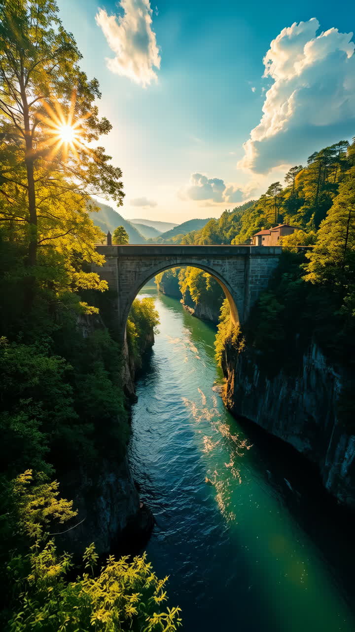 A Scenic River Gorge with an Arched Stone Bridge at Sunset | Premium ...