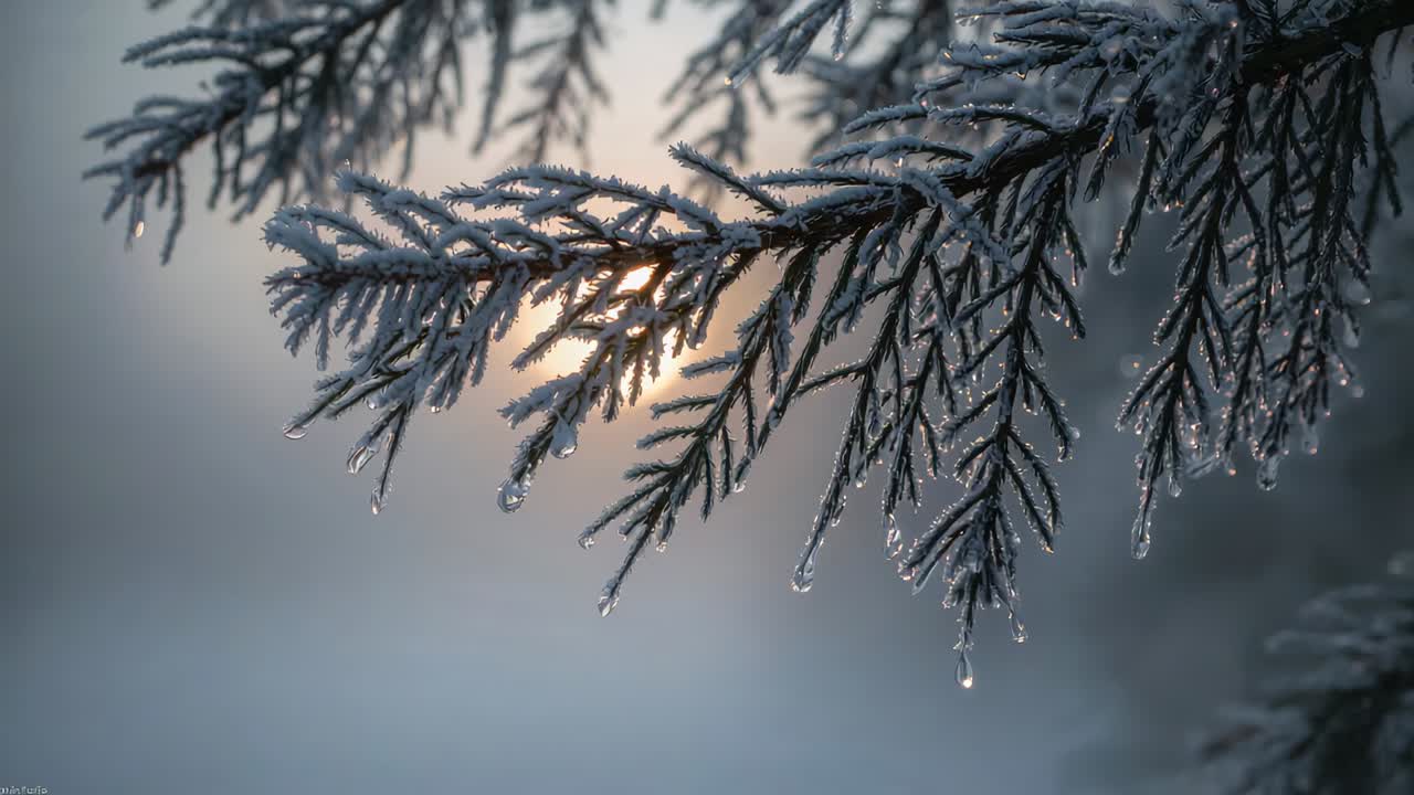 Warming sunlight causing droplets elongating and falling from rime-coated conifer branch in forest