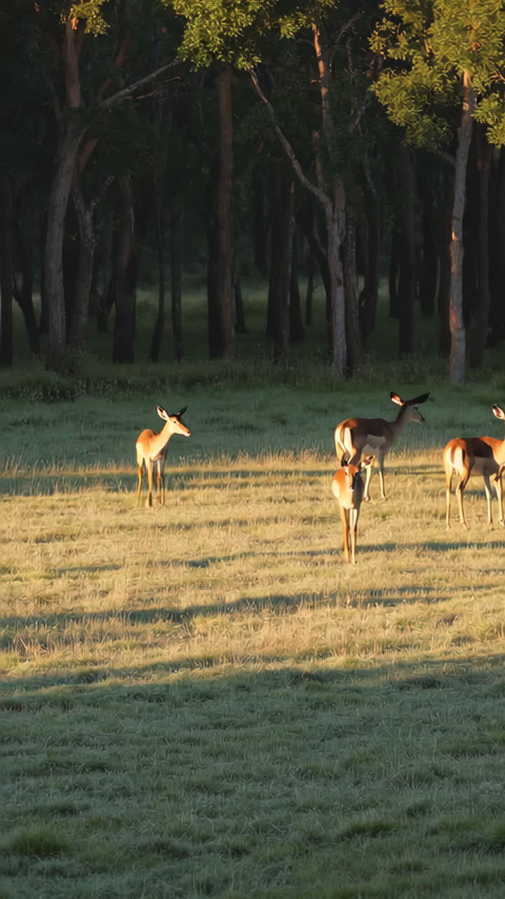 Impalas in a grassy field at sunrise