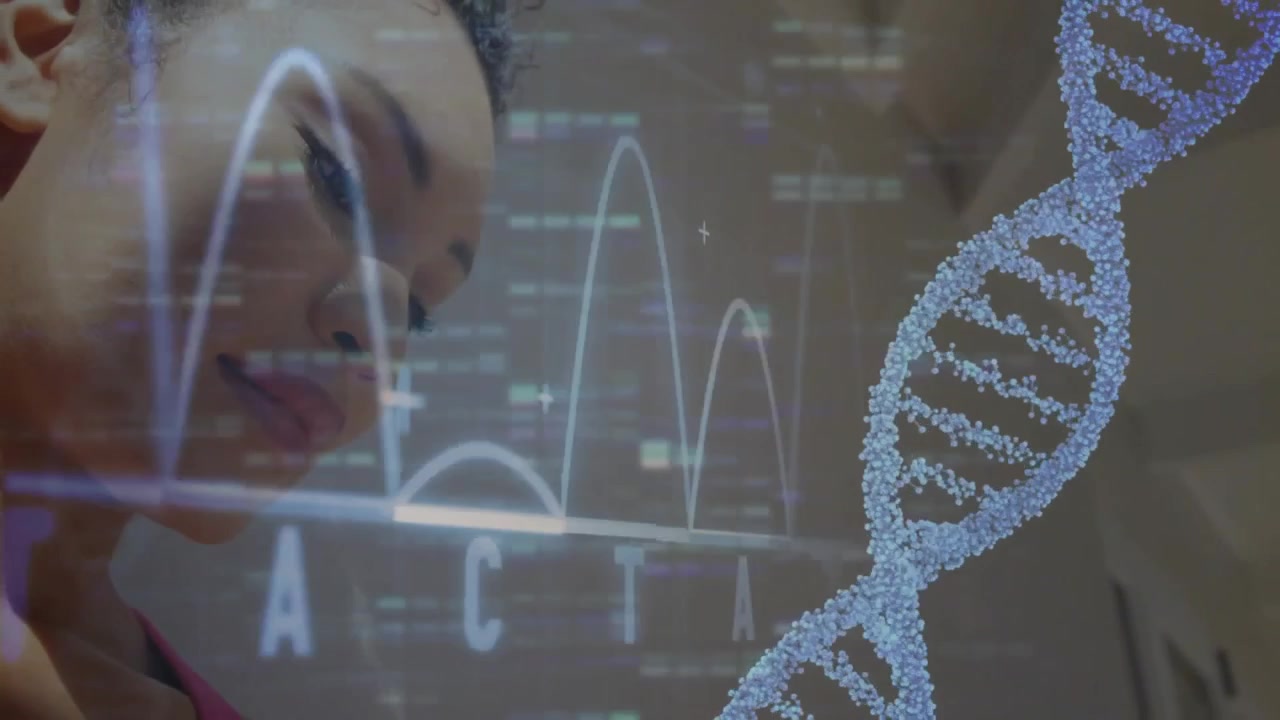 woman tapping smartphone screen and swiping, showing DNA helix, nucleotide peaks for genomic study