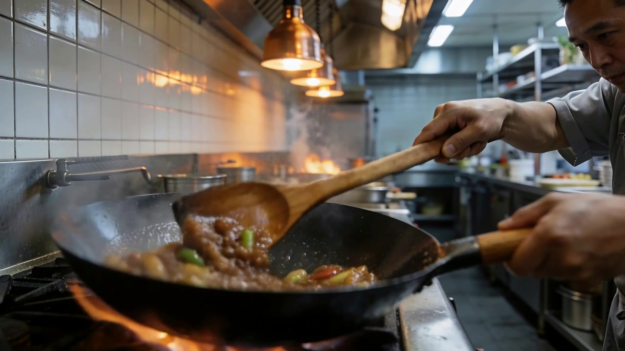 Fiamma blu che accende lo chef in giacca grigia che mescola il wok con una spatola di legno, terminando il piatto in cucina