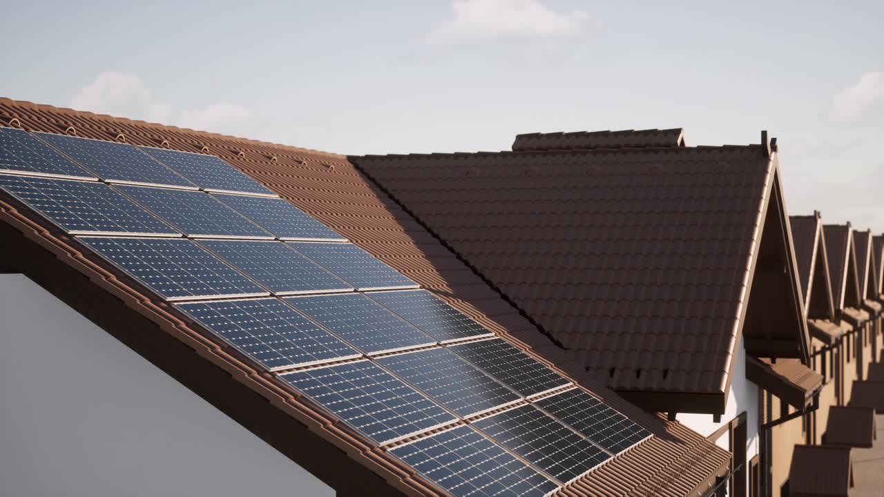 은 날 지붕에 있는 태양 전지 패널 모의 3d 애니메이션