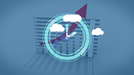 animación de nubes con iconos sobre gráfico con flecha y reloj en movimiento