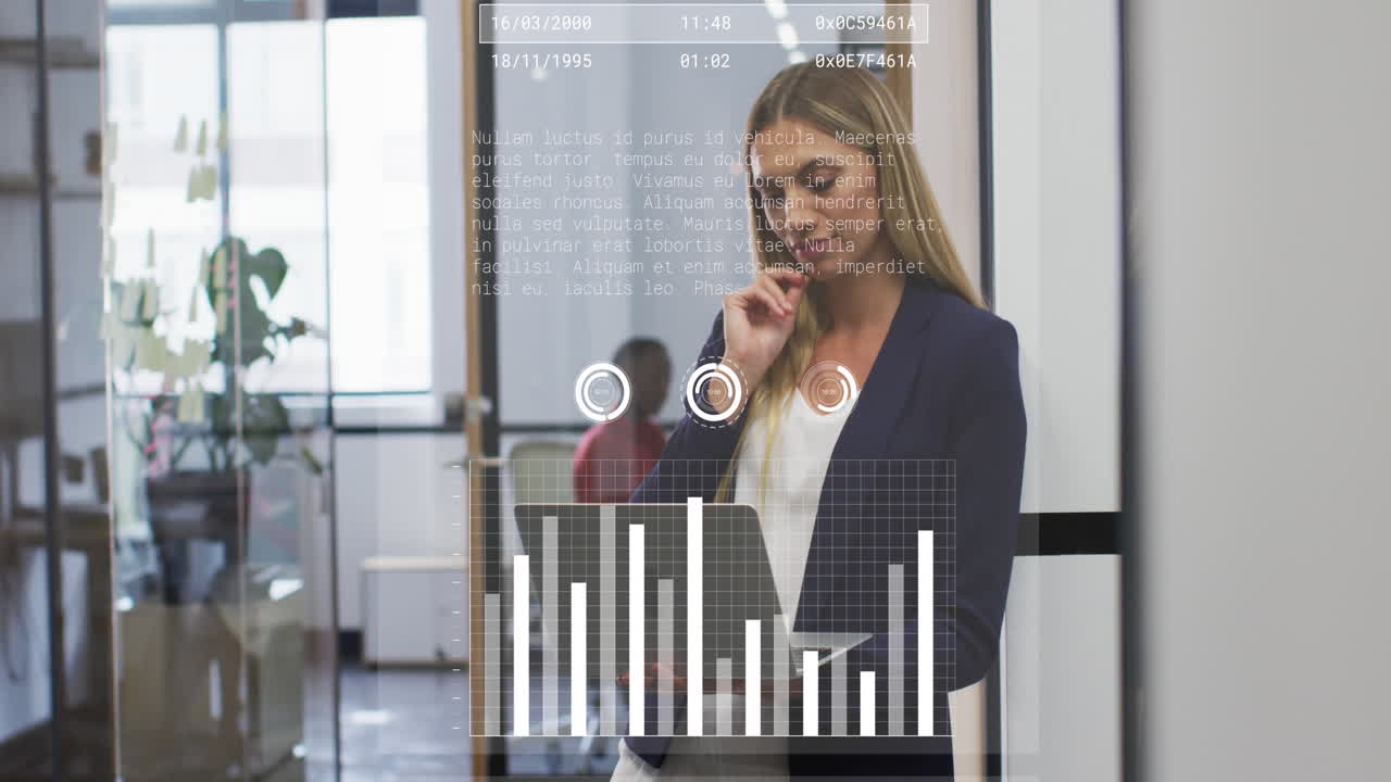 Animation of graphs, loading bars over thoughtful caucasian woman standing and looking at laptop