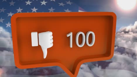 Animation-of-unlike-icon-with-numbers-on-speech-bubble-with-flag-of-usa