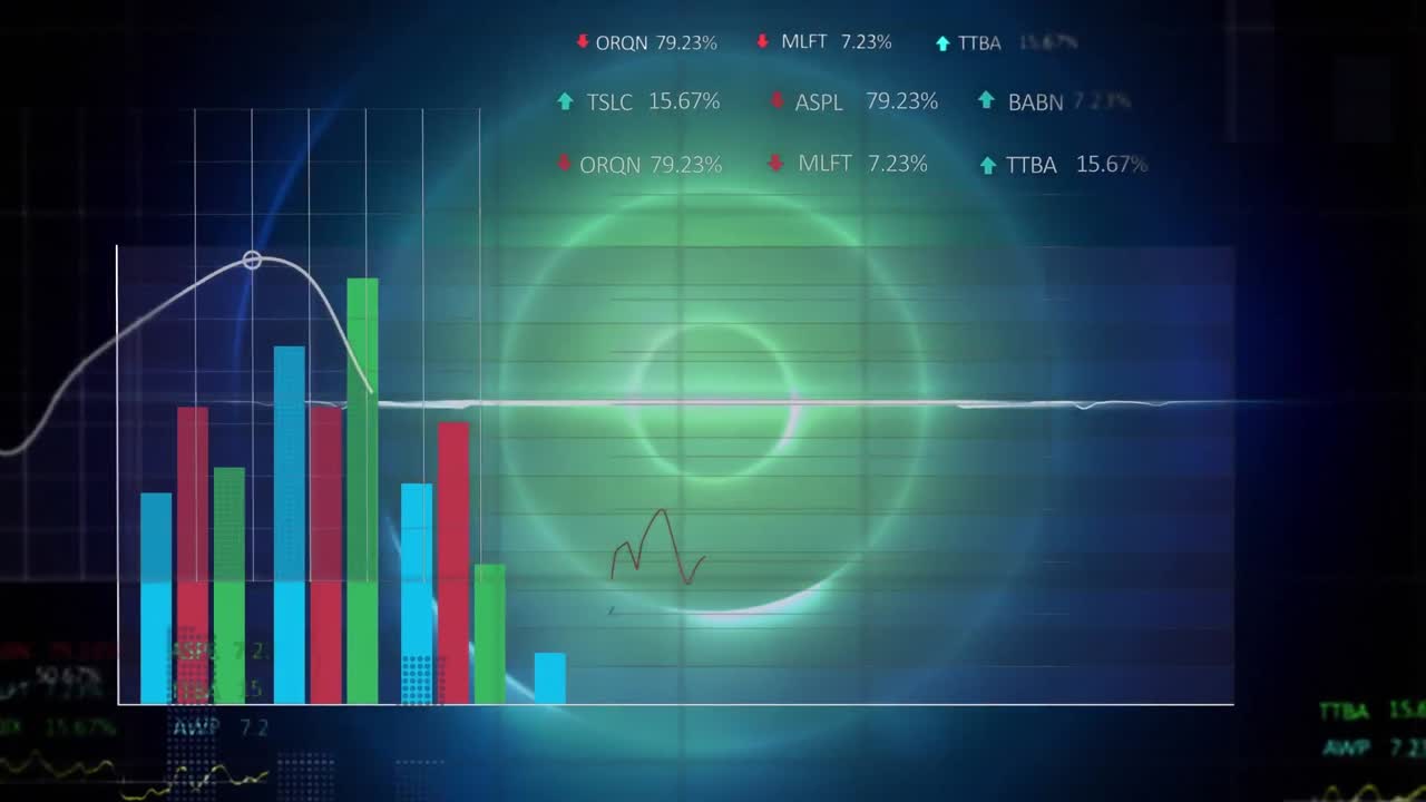 녹색으로 빛나는 동심 원에 대한 통계 및 증권 시장 데이터 처리의 애니메이션