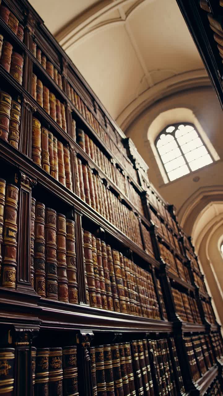 Video captures a low-angle view of ornate, leather-bound books on towering shelves