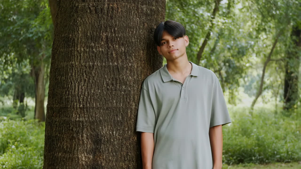 Portrait of a man leaning against a tree
