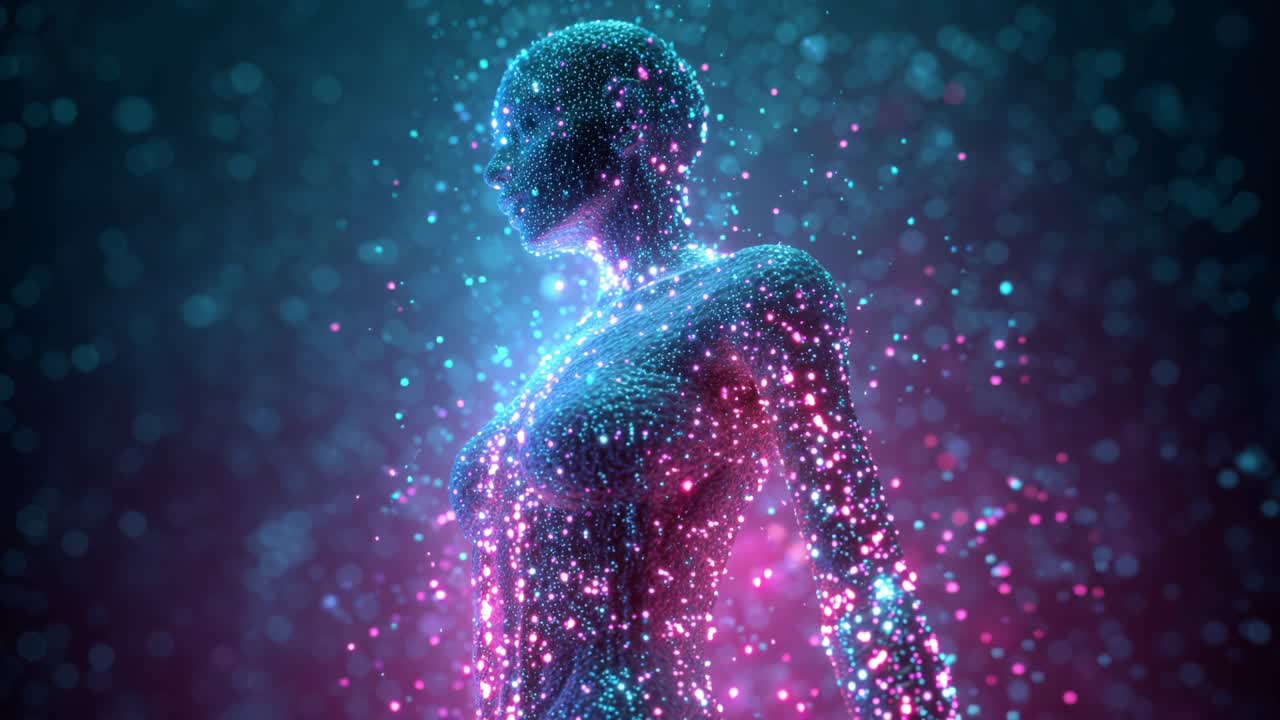 Female humanoid figure made of glowing blue and purple particles slowly turning in a digital space, representing concepts like artificial intelligence, virtual reality, metaverse, and data