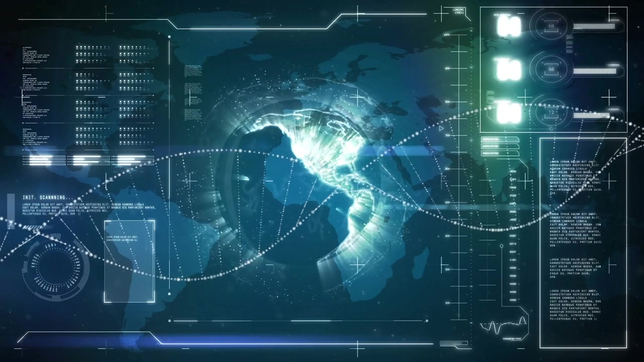 Animation of dna, globe with charts and graphs processing data on interface