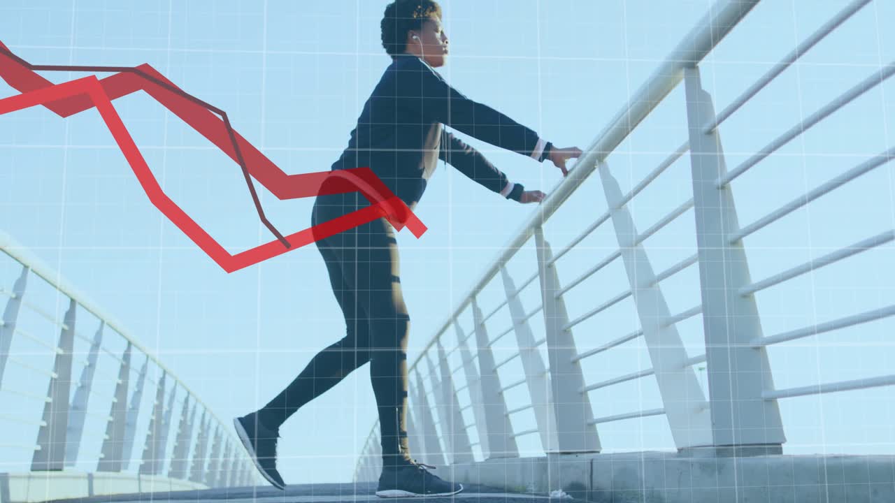 Man stepping onto bridge and using railing for calf quad stretches while red data lines fluctuating