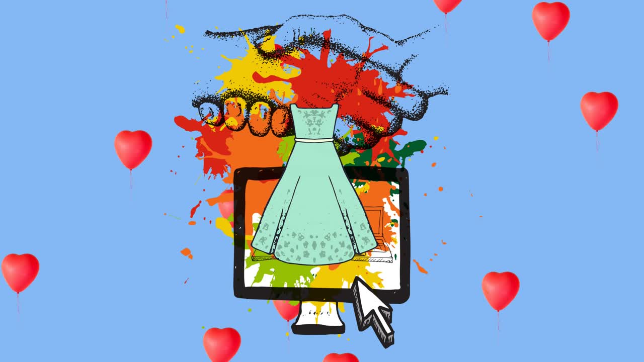 animación de vestidos e iconos de computadora caja sobre corazones sobre fondo azul
