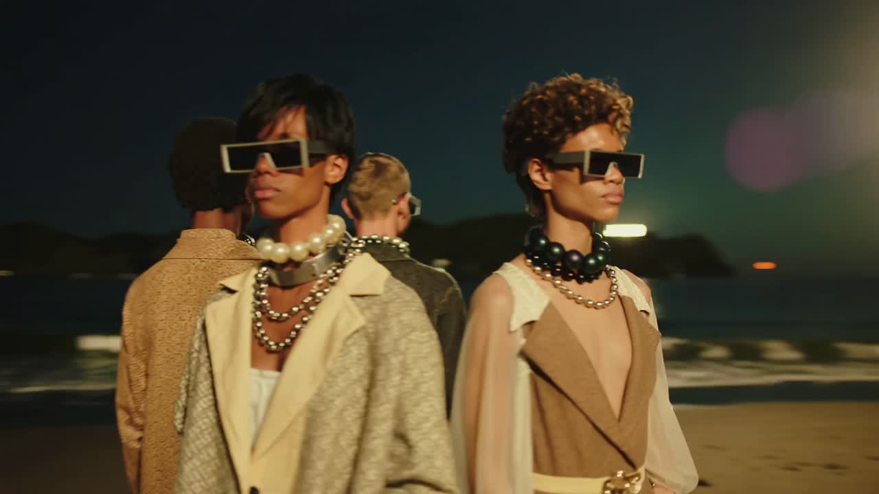 Fashion models on a beach wearing sunglasses and pearl necklaces