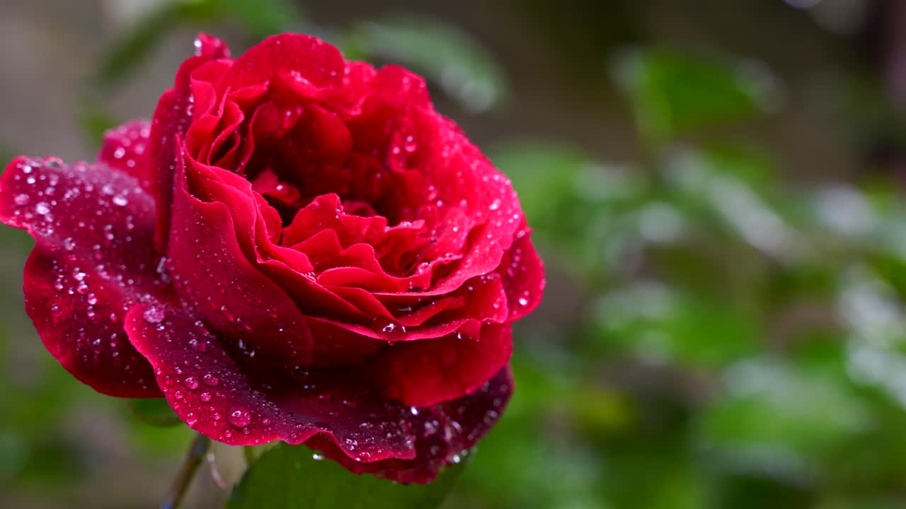 정원의 흐릿한 녹색 배경에 이슬 방울로 덮인 아름다운 꽃잎을 가진 붉은 장미 꽃, 팬 샷