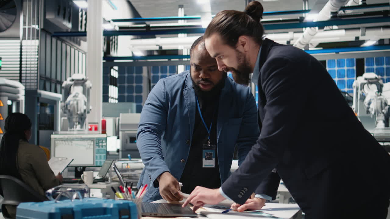 Businessmen collaborating in a factory setting