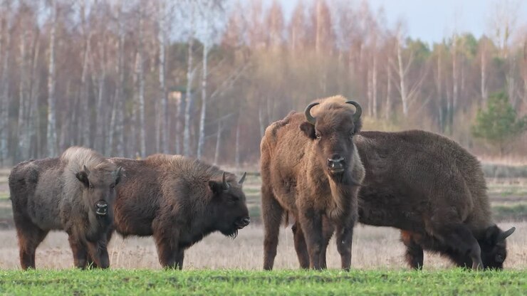 Un giovane bisonte europeo maschio guarda dritto in camera