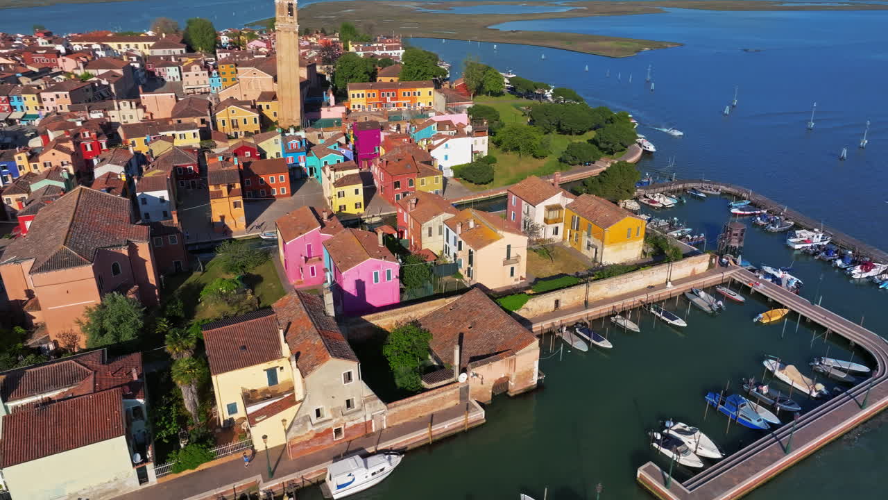 Aerial drone view of the colourful houses of Burano Island, Italy